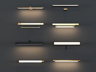 Multiple Modern Slim Rectangular Wall Lamps with Black Gold Frames Mounted on Gray Wall 3d model