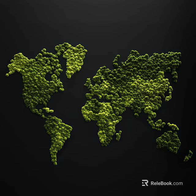 Green World Map Wall Decor Composed of Small Elements on Black Background 3d model 