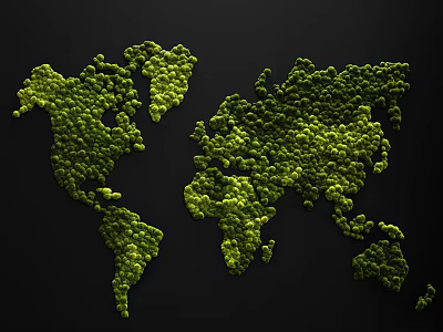 Green World Map Wall Decor Composed of Small Elements on Black Background 3d model