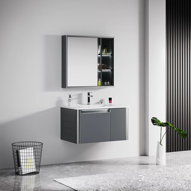 Modern Wall Mounted Vanity Unit with Mirror Cabinet and Countertop 3d model 