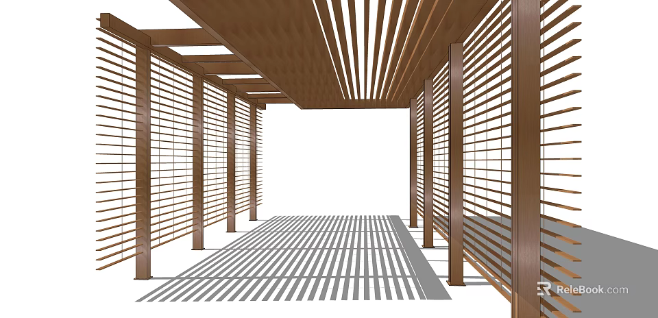 Outdoor Wooden Pergola With Slatted Roof And Side Panels Casting Shadow Patterns 3d model 