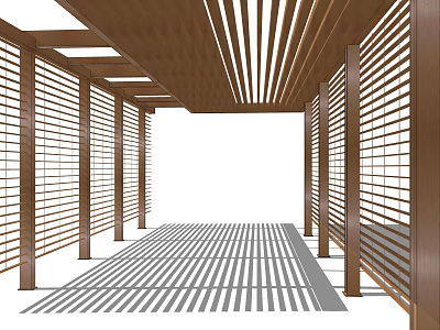 Outdoor Wooden Pergola With Slatted Roof And Side Panels Casting Shadow Patterns 3d model