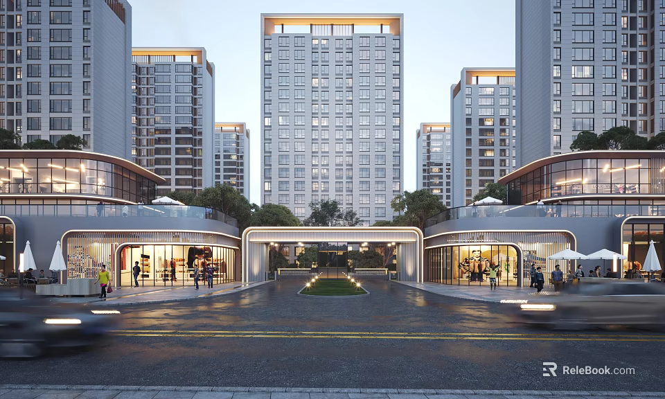 Modern Entrance Gate With High Rise Buildings Landscaped Area Commercial Shops And Pedestrians 3d model 