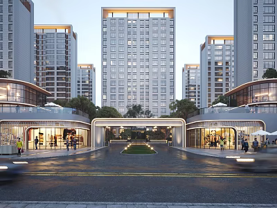 Modern Entrance Gate With High Rise Buildings Landscaped Area Commercial Shops And Pedestrians 3d model