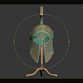 Ancient Greek Style Bronze Helmet Featuring Plume Design On Metallic Display Stand