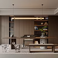 Modern Tea Room Interior Design With Long Table Tea Sets Green Plants And Decorative Painting