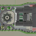 Traditional Chinese Museum Building With Circular Square Water Pool Steps And Greenery