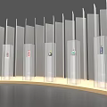 Artistic Decorative Display Featuring Transparent Columns Green Mountain Shapes And Wooden Base