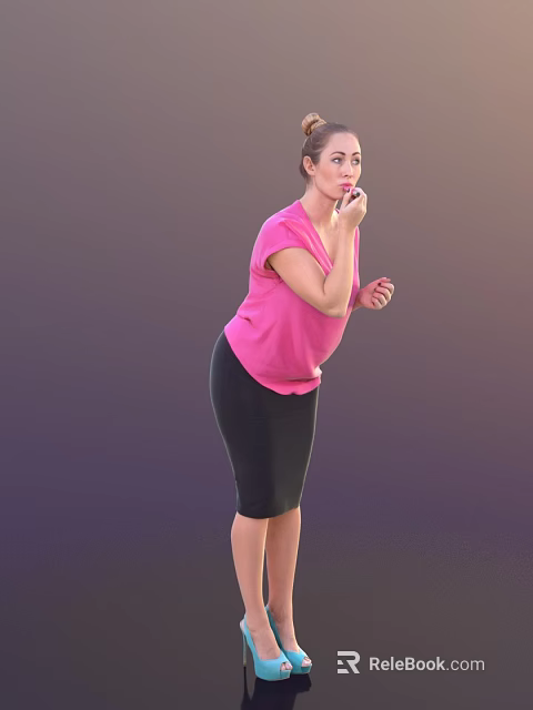 Woman in Pink Top and Black Skirt Posing with Hand Near Mouth on Purple Background 3d model 