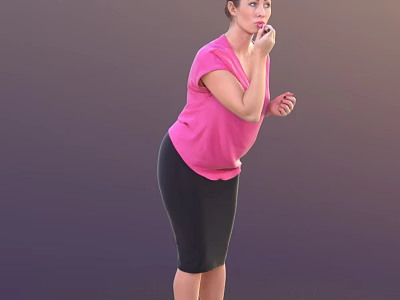 Woman in Pink Top and Black Skirt Posing with Hand Near Mouth on Purple Background 3d model
