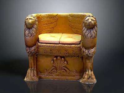 Ornate Office Chair Featuring Lion Head Armrests Wings Yellow Cushioned Seat And Carved Legs 3d model