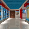 Safety Appraisal Work Exhibition Hall With Blue Red Wall Displays And Slogans