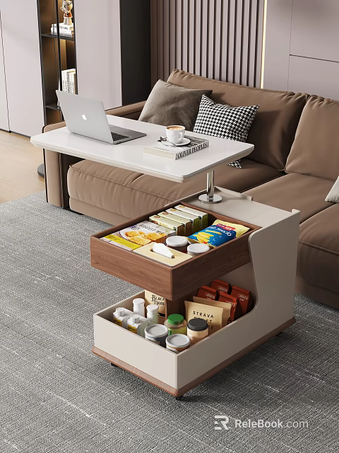 Modern Living Room Side Table With Open Drawer And Organized Storage Items 3d model
