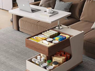 Modern Living Room Side Table With Open Drawer And Organized Storage Items 3d model