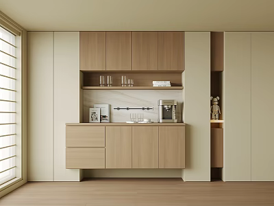 Modern Minimalist Sideboard With Light Wood Beige Cabinets Drawers Open Shelves And Glassware 3d model