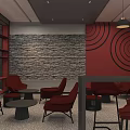 Modern Café Interior With Red Wall Logo Red Chairs Circular Patterns And City View Window 3d model