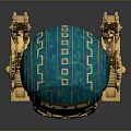 Blue Green Mechanical Sphere Character With Golden Structure Glowing Circular Part And Stand