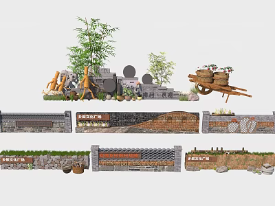 Traditional Decorative Garden Ornaments Featuring Bamboo Stone Walls Wooden Cart and Potted Plants 3d model