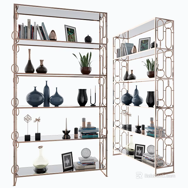 Modern Decorative Shelving Unit With Metal Frame Displaying Vases Plants Photo Frames And Books 3d model 