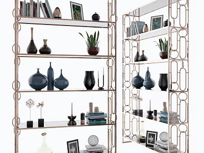 Modern Decorative Shelving Unit With Metal Frame Displaying Vases Plants Photo Frames And Books 3d model