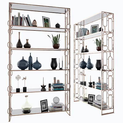 Modern Decorative Shelving Unit With Metal Frame Displaying Vases Plants Photo Frames And Books 3d model