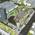 Modern Urban Commercial Street With Glass Facades LED Screens Pedestrians Greenery And Vehicles