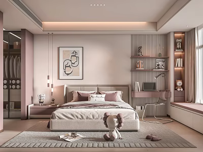 Soft Toned Modern Bedroom Interior With Bed Decorative Painting Bookshelves And Bay Window Seat 3d model