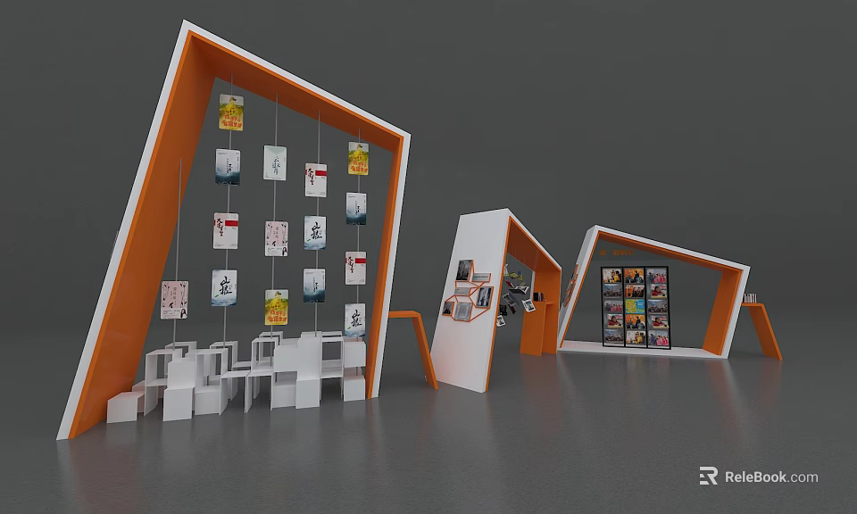 Check in Display Area With Orange White Structures And Hanging Cards 3d model