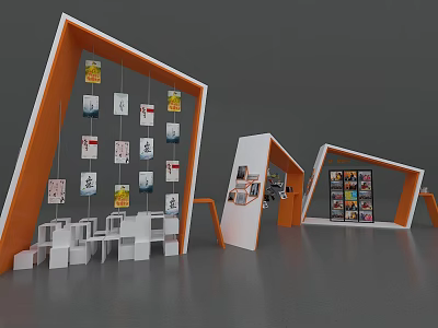 Check in Display Area With Orange White Structures And Hanging Cards 3d model