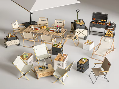 Well Equipped Campsite With Folding Chairs Wooden Table Sunshade And Barbecue Grill For Outdoor Dining 3d model