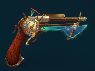 Ornate Steampunk Fantasy Weapon Pistol Featuring Blue Gemstones Wooden Grip And Glowing Blade 3d model