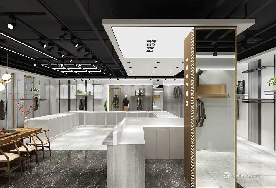 Modern Clothing Store Interior With Display Racks Fitting Mirrors Cashier Counter And Lighting Design 3d model 