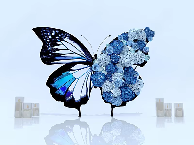Artistic Butterfly Shaped Floral Installation With Blue White Flowers And Decorative Bottles 3d model