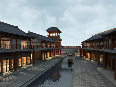 Traditional Commercial Street With Waterway And Shops On Both Sides And Ancient Pagoda 3d model