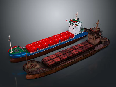 Two Cargo Ships With Red Deck And Brown Hull On Water Surface 3d model