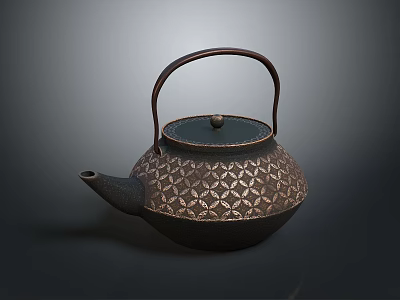 Traditional Decorative Teapot With Geometric Pattern Round Lid And Wooden Handle 3d model