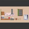 Cartoon Kitchen Scene With Wooden Cabinets Dining Table Chairs Refrigerator And Window