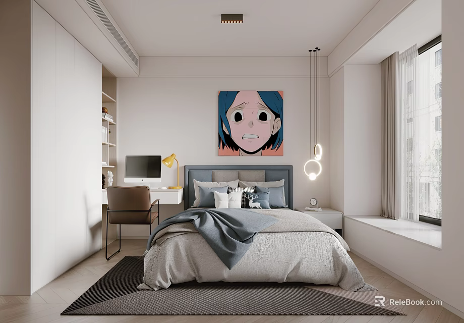 Bright Kids Room Interior With Bed Cartoon Painting Desk Lamp And Window 3d model 