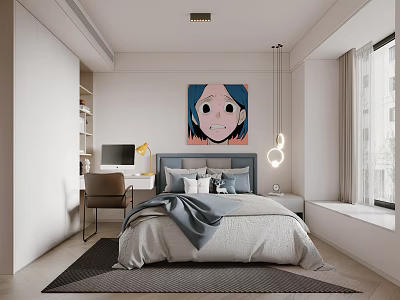 Bright Kids Room Interior With Bed Cartoon Painting Desk Lamp And Window 3d model