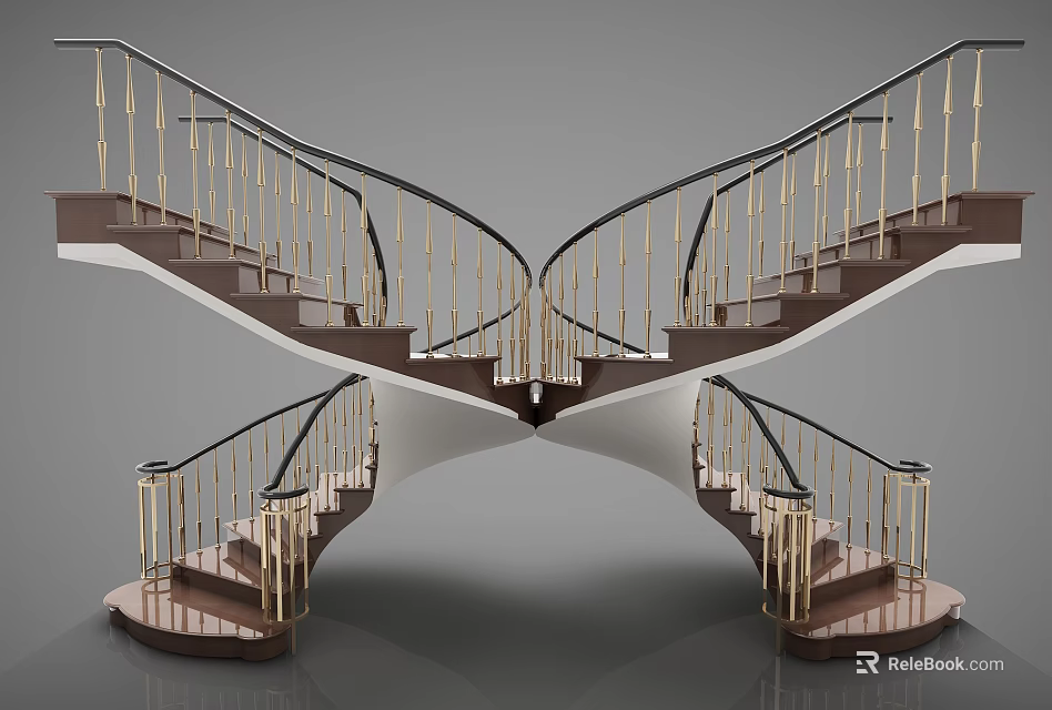 Modern Elegant Spiral Staircase Design With Wooden Steps And Metal Handrail 3d model 