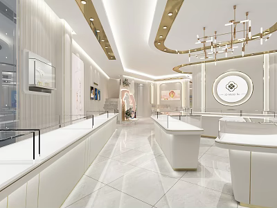 Elegant Modern Jewelry Store Interior With Glass Display Cases Chandeliers And Marble Floors 3d model