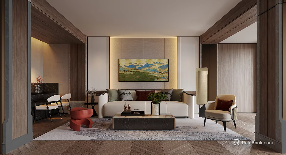 Elegant Modern Living Room Interior Design With Sofa Coffee Table Chair Artwork And Rug 3d model 