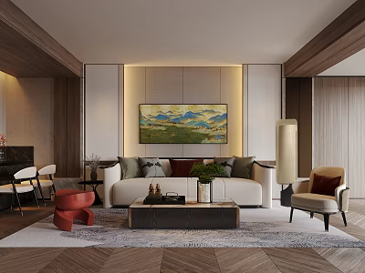 Elegant Modern Living Room Interior Design With Sofa Coffee Table Chair Artwork And Rug 3d model