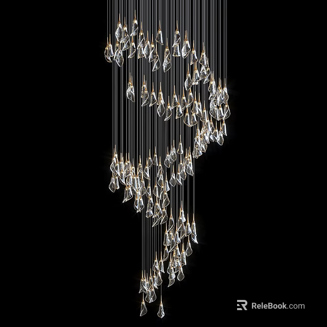 Modern Crystal Chandelier with Transparent Hanging Pendants Shiny Design Against Black Background 3d model 