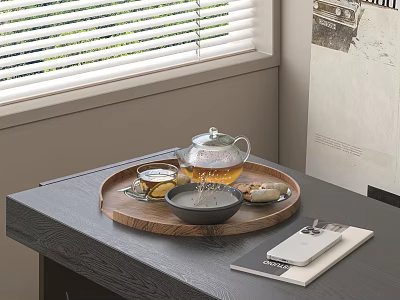 Glass Teapot And Tea Cups In Wooden Tray On Gray Table By Window 3d model