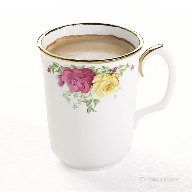 White Tea Cup With Gold Rim Pink Yellow Roses Green Leaves And Coffee 3d model 