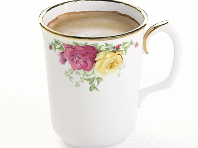 White Tea Cup With Gold Rim Pink Yellow Roses Green Leaves And Coffee 3d model