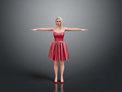 Woman In Red Strapless Dress With Blonde Short Hair And Arms Outstretched In Gray Background 3d model