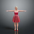 Woman In Red Strapless Dress With Blonde Short Hair And Arms Outstretched In Gray Background