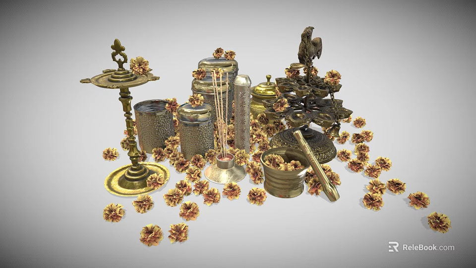 Vintage Brass Decorative Ornament Set With Flower Decorations Candle Holder Jars And Rooster Figurine 3d model 